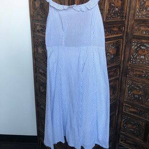 Blue and white striped off the shoulder midi dress